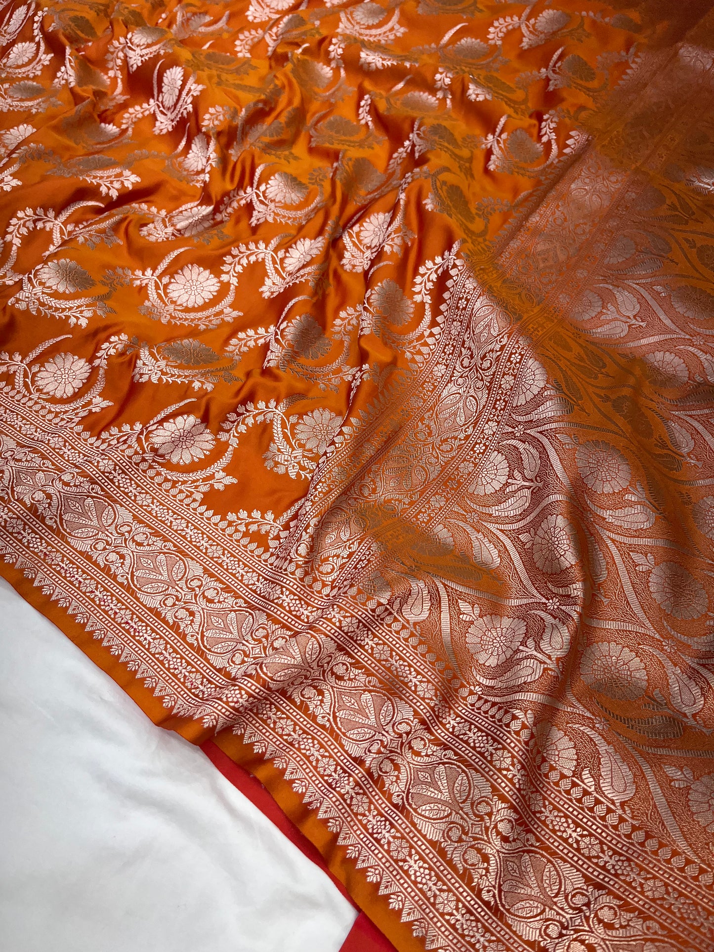 Rust Orange Banarasi Floral Jaal Mashru Saree
