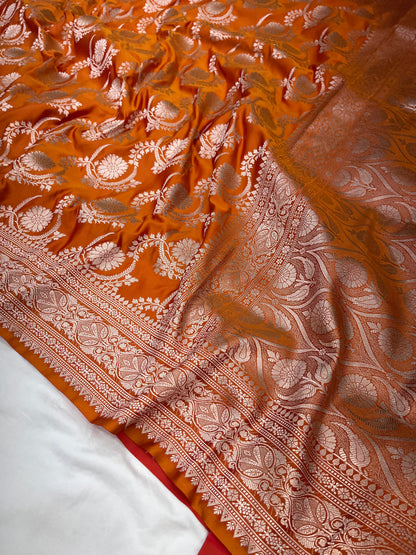 Rust Orange Banarasi Floral Jaal Mashru Saree