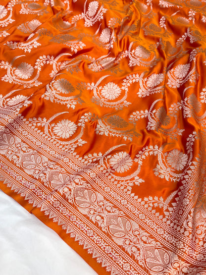 Rust Orange Banarasi Floral Jaal Mashru Saree