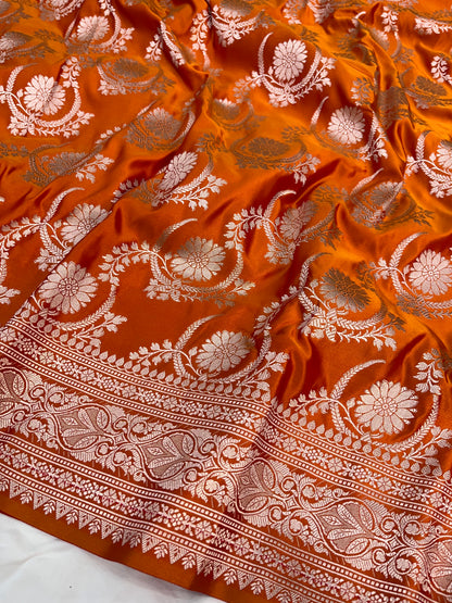 Rust Orange Banarasi Floral Jaal Mashru Saree