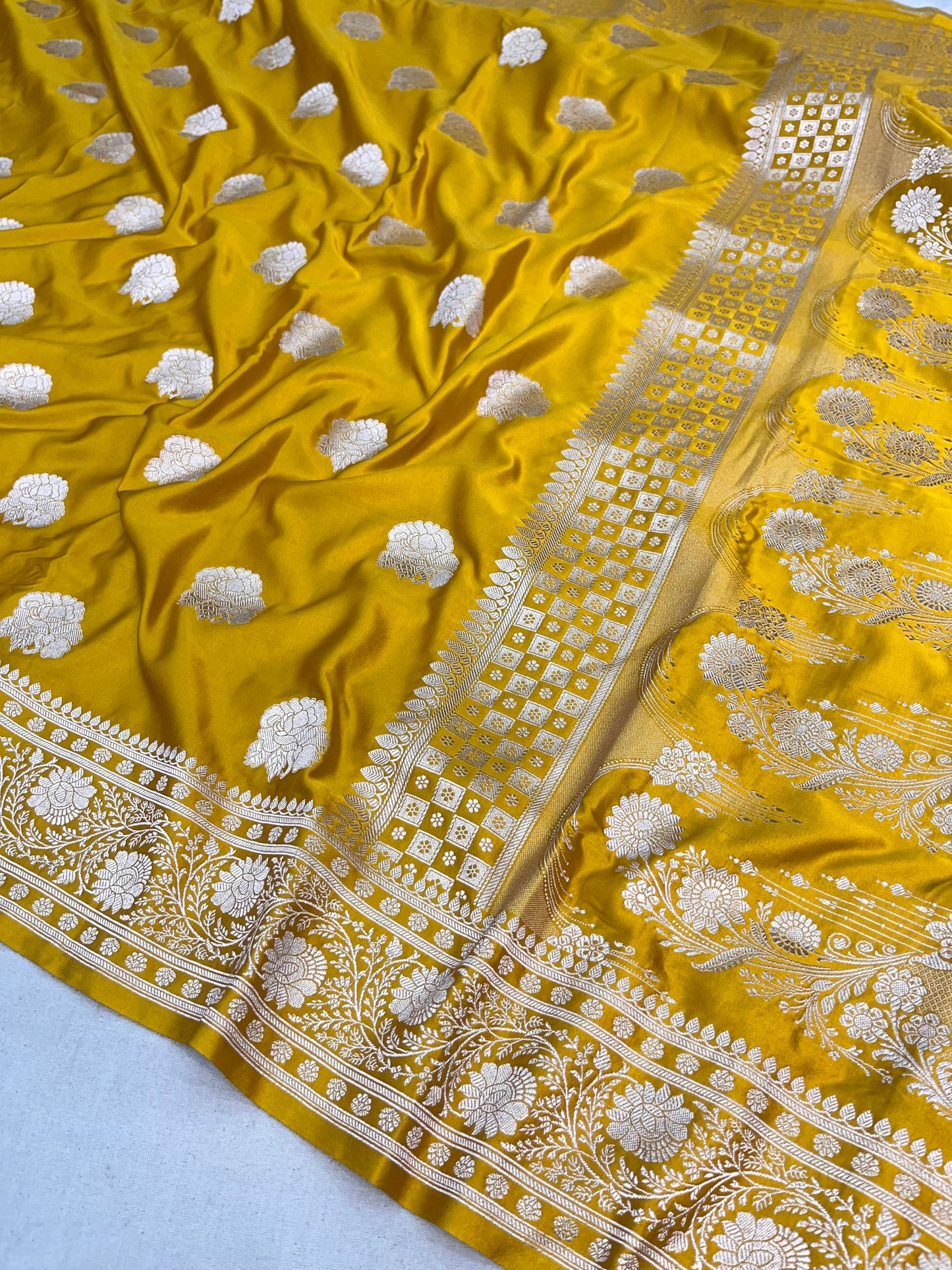 Golden yellow Banarasi Mashru Saree