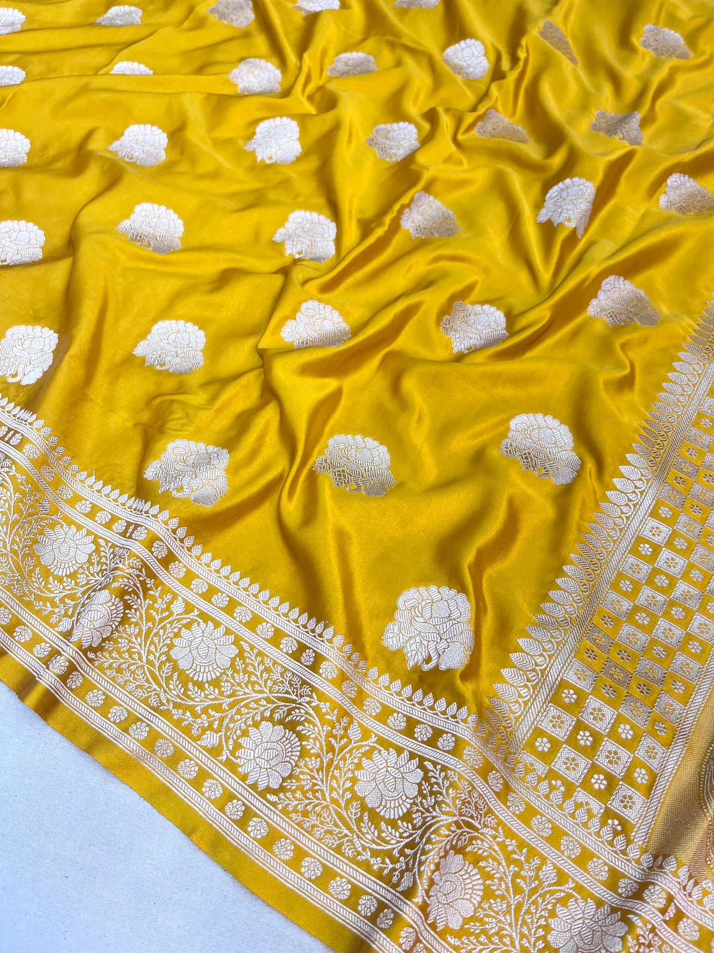 Golden yellow Banarasi Mashru Saree
