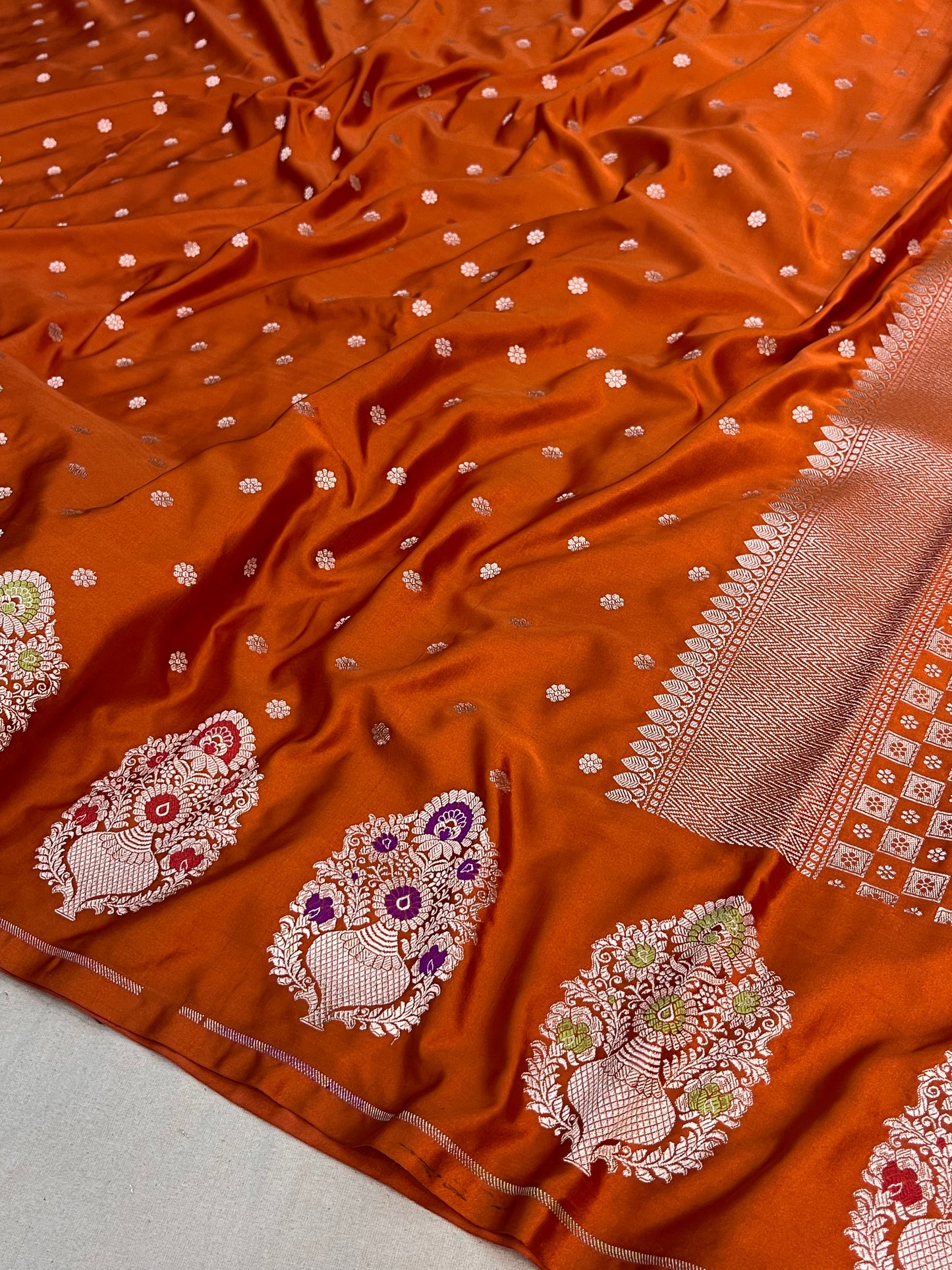 Rust Orange Banarasi Mashru Saree with Meenakari Butta Border Saree