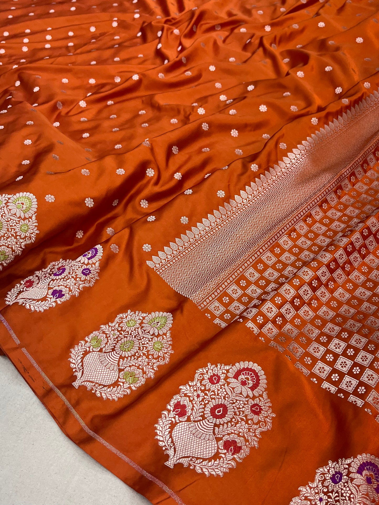 Rust Orange Banarasi Mashru Saree with Meenakari Butta Border Saree