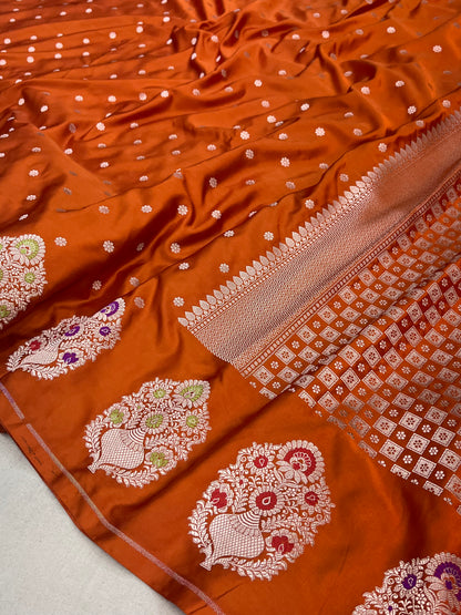 Rust Orange Banarasi Mashru Saree with Meenakari Butta Border Saree