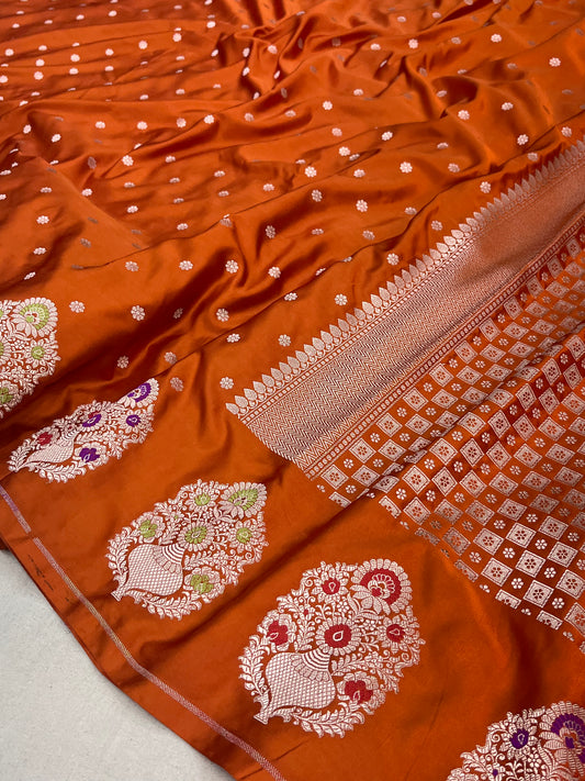 Rust Orange Banarasi Mashru Saree with Meenakari Butta Border Saree