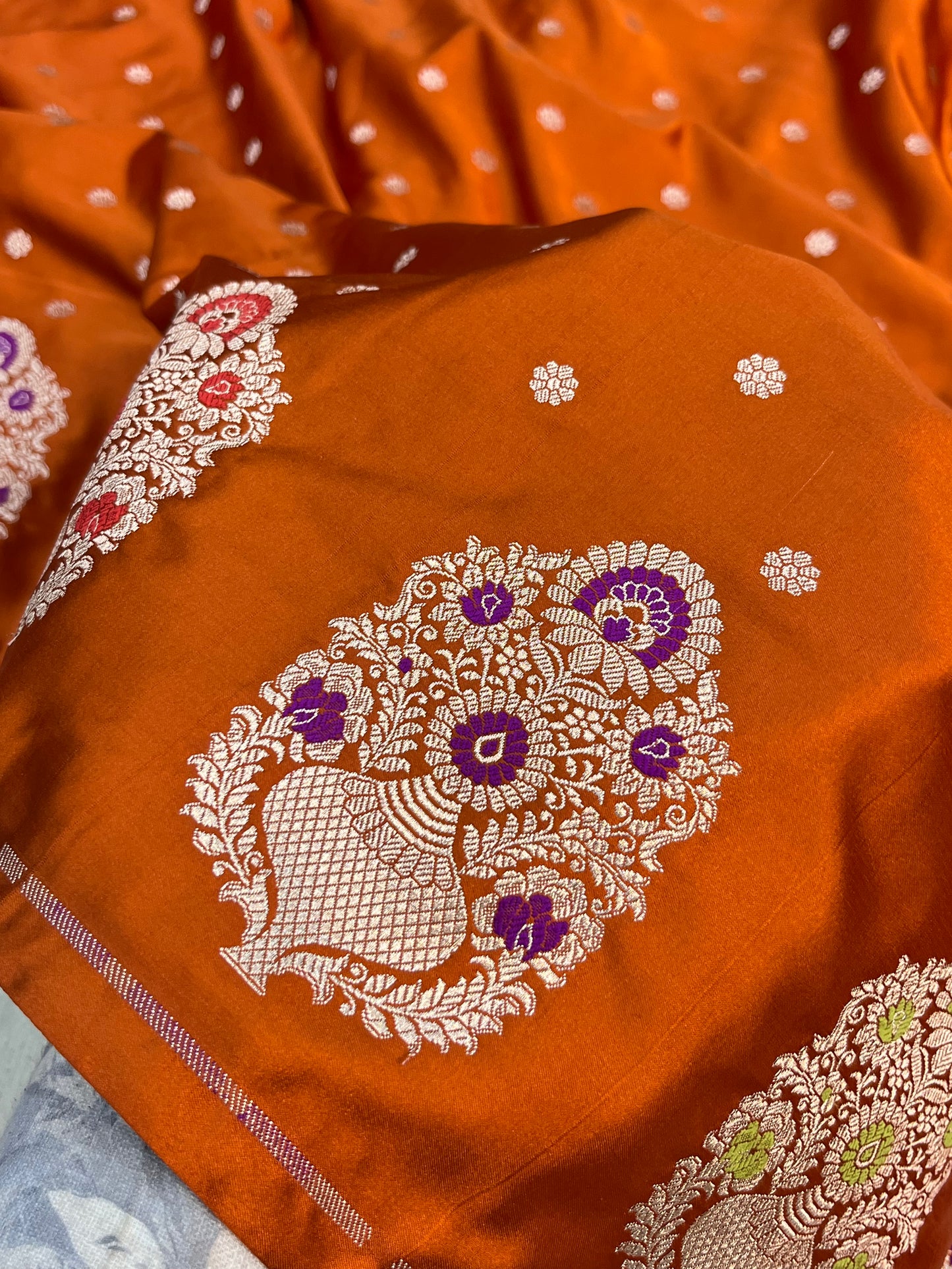 Rust Orange Banarasi Mashru Saree with Meenakari Butta Border Saree
