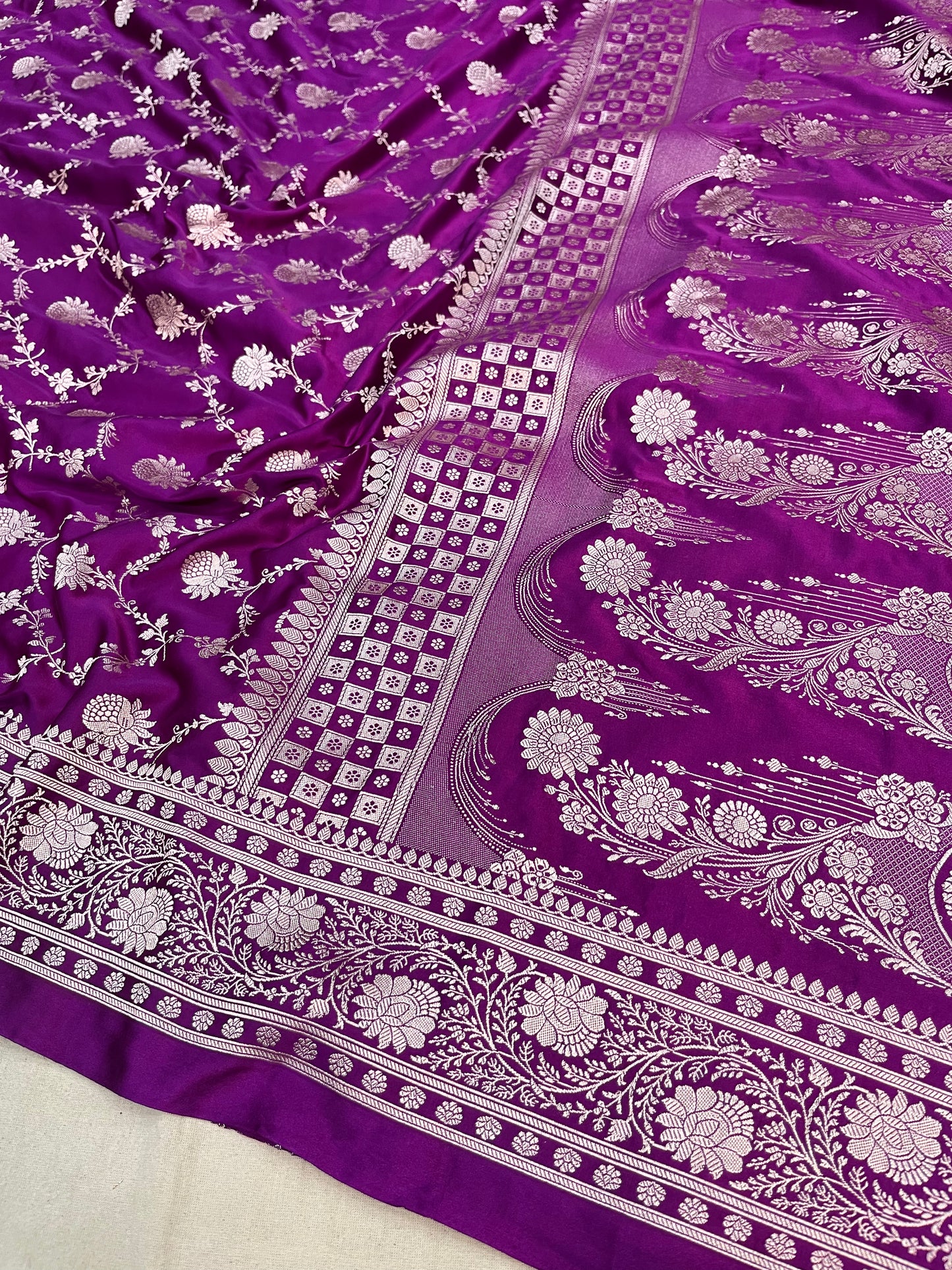 Purple Banarasi Mashru Saree with Floral Jaal Design | Handwoven Traditional Saree