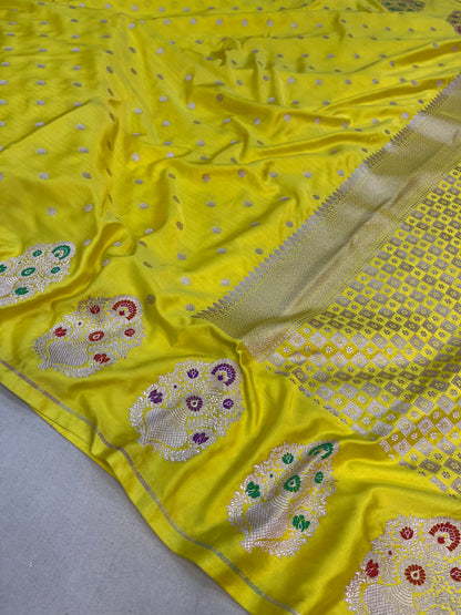 Banarasi Yellow Shade Floral Minakari Boder Mashru Saree