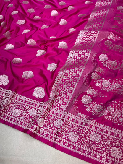 Banarasi Rani Floral Butta Mashru Silk Saree with Rich Zari Weaving and Traditional Handloom Design