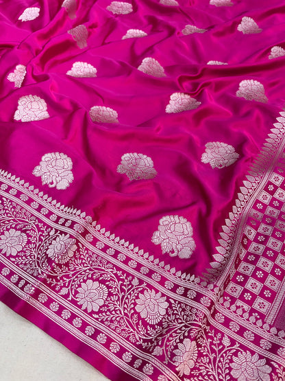 Banarasi Rani Floral Butta Mashru Silk Saree with Rich Zari Weaving and Traditional Handloom Design