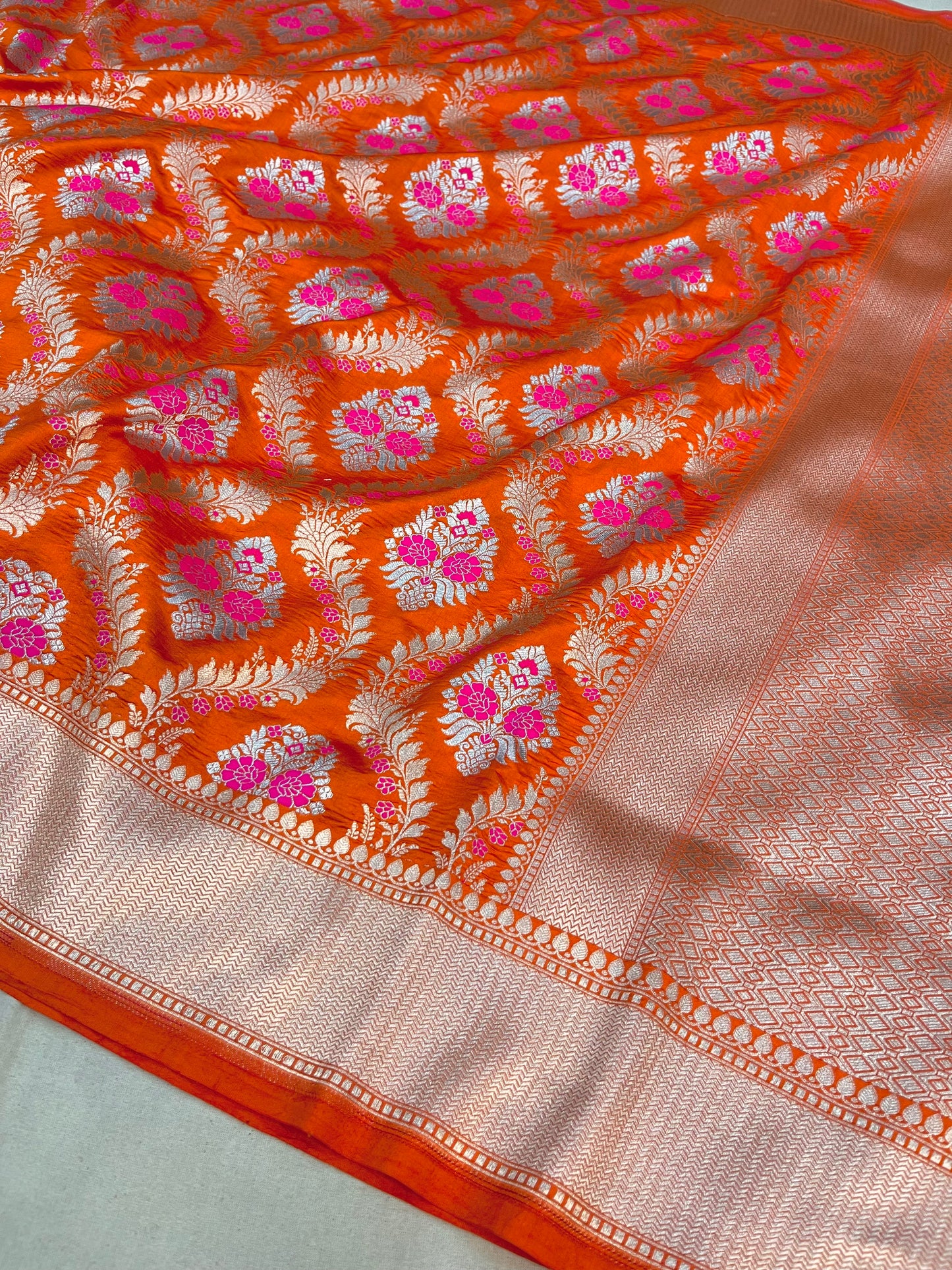 Rust Orange Banarasi Pure Chiniya Silk Saree with Sona Roopa Zari Weaving "PCS01"