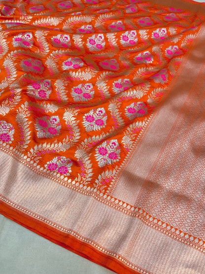 Rust Orange Banarasi Pure Chiniya Silk Saree with Sona Roopa Zari Weaving "PCS01"