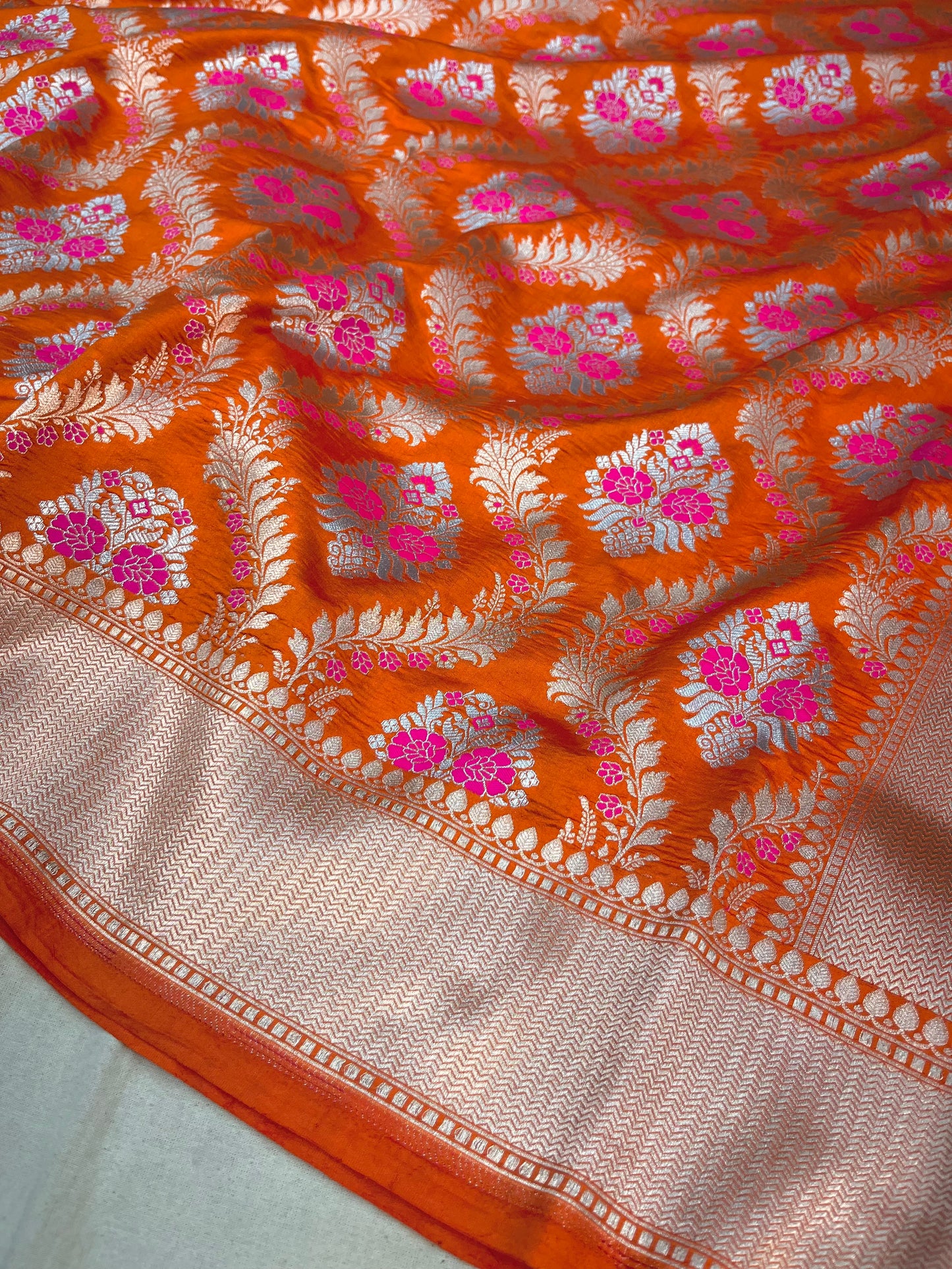 Rust Orange Banarasi Pure Chiniya Silk Saree with Sona Roopa Zari Weaving "PCS01"