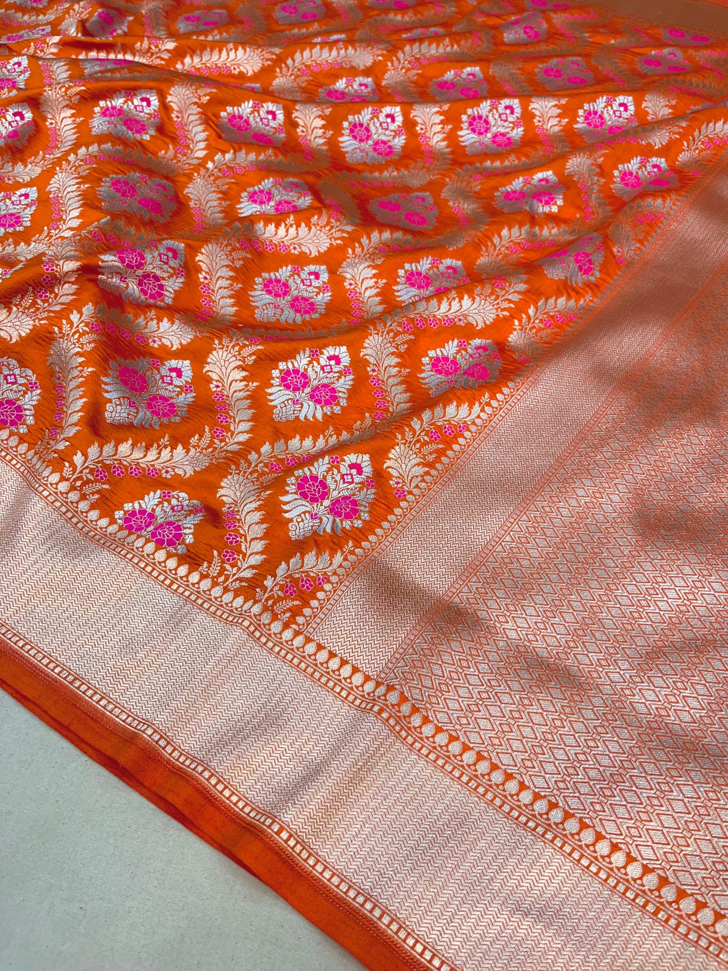Rust Orange Banarasi Pure Chiniya Silk Saree with Sona Roopa Zari Weaving "PCS01"