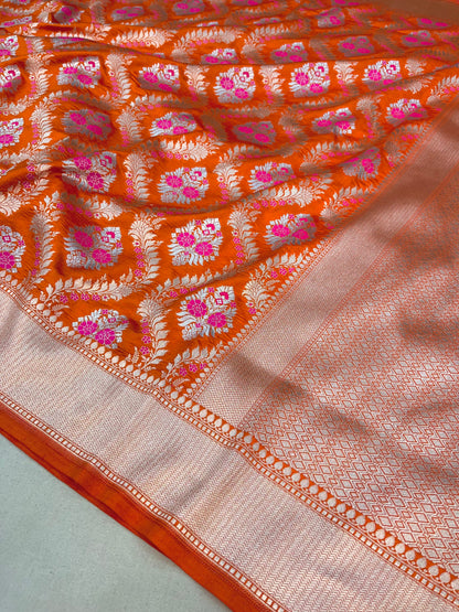 Rust Orange Banarasi Pure Chiniya Silk Saree with Sona Roopa Zari Weaving "PCS01"