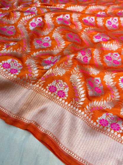 Rust Orange Banarasi Pure Chiniya Silk Saree with Sona Roopa Zari Weaving "PCS01"