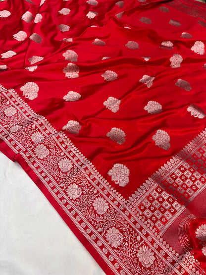 Red Banarasi Mashru Saree with Floral Buta Design