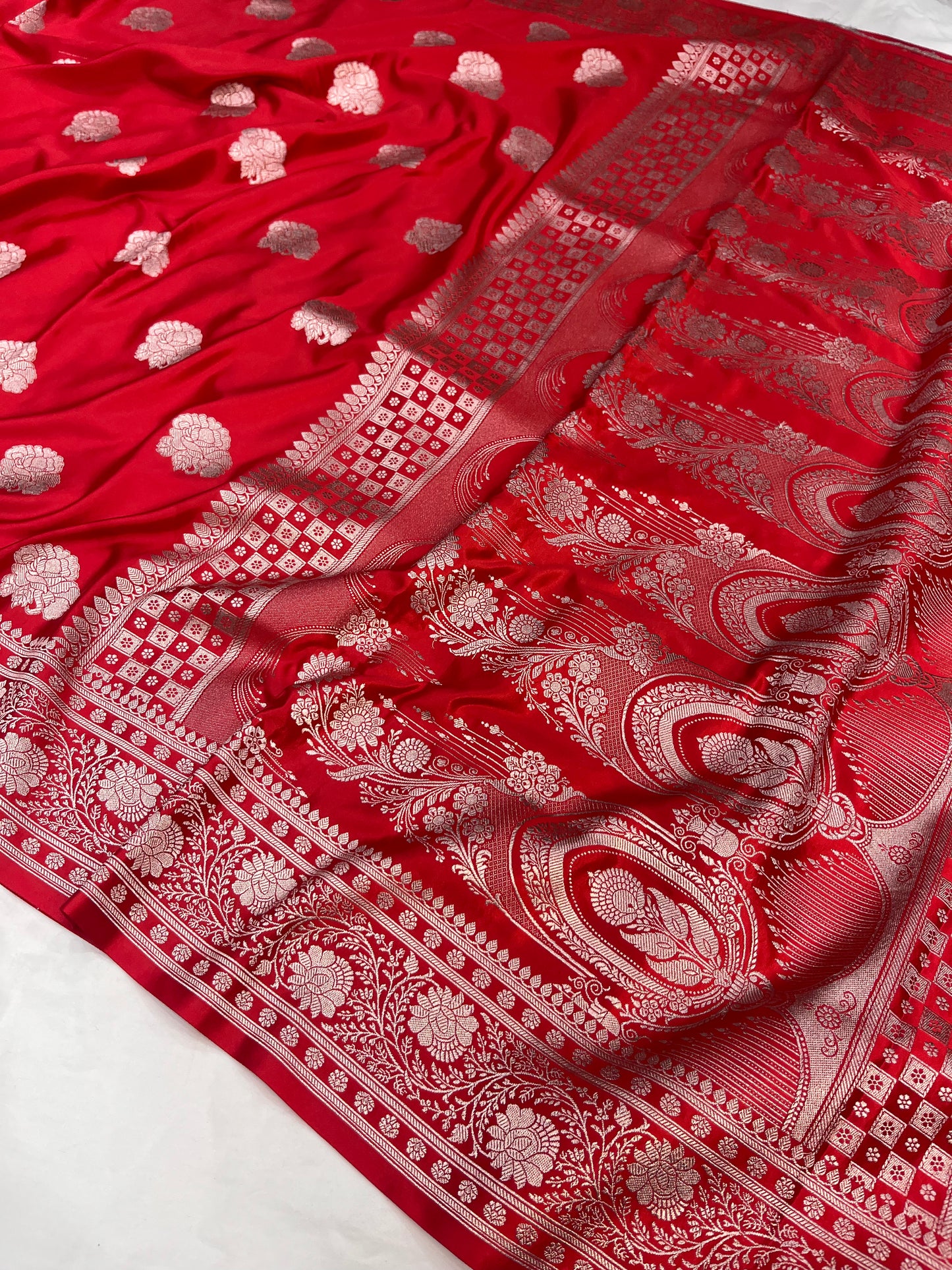 Red Banarasi Mashru Saree with Floral Buta Design