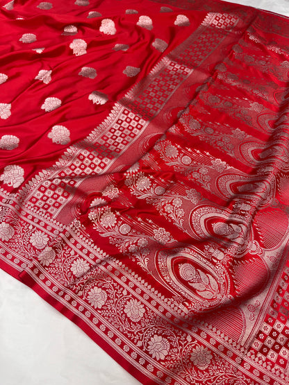 Red Banarasi Mashru Saree with Floral Buta Design