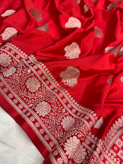 Red Banarasi Mashru Saree with Floral Buta Design