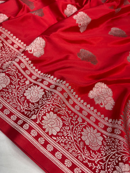 Red Banarasi Mashru Saree with Floral Buta Design