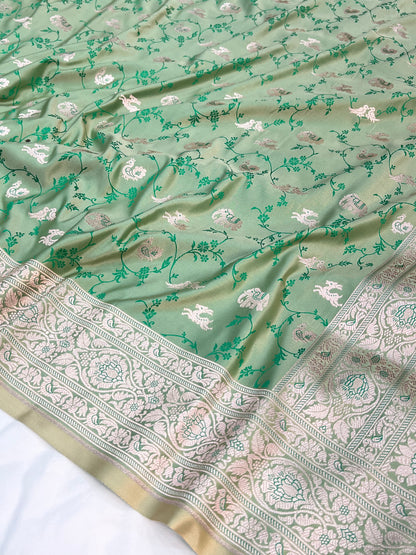 Pastel Green Banarasi Shikargah Floral Jaal Mashru Saree