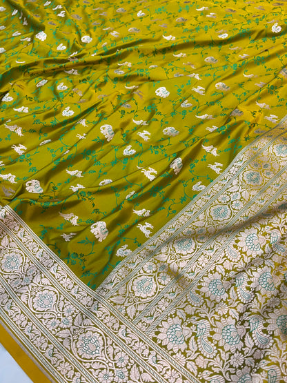 Mehendi Green Banarasi Shikargah Mashru Saree