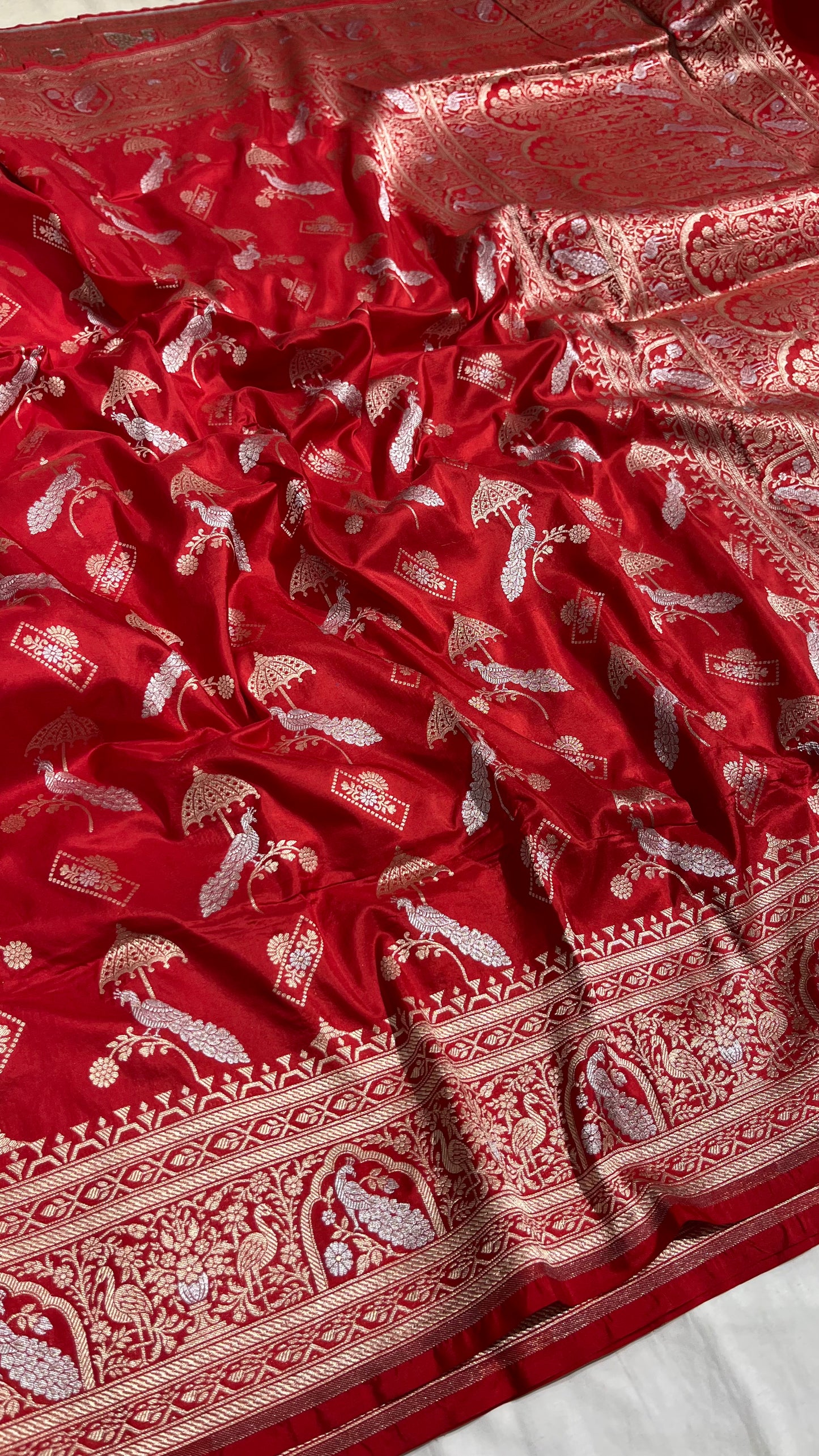 Red Shikargah Banarasi Pure Silk Saree