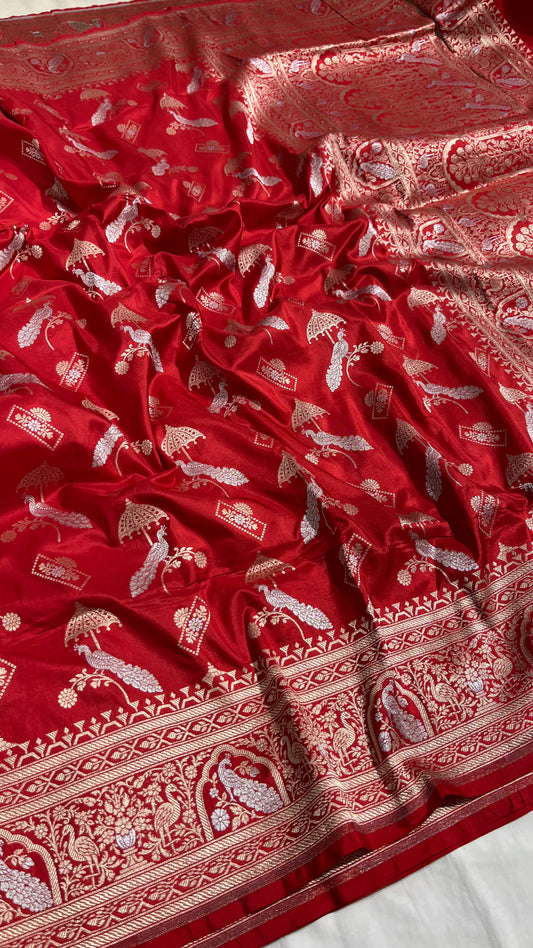 Red Shikargah Banarasi Pure Silk Saree