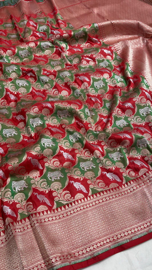 Red Shikargah rangkat Pure Katan Silk Saree