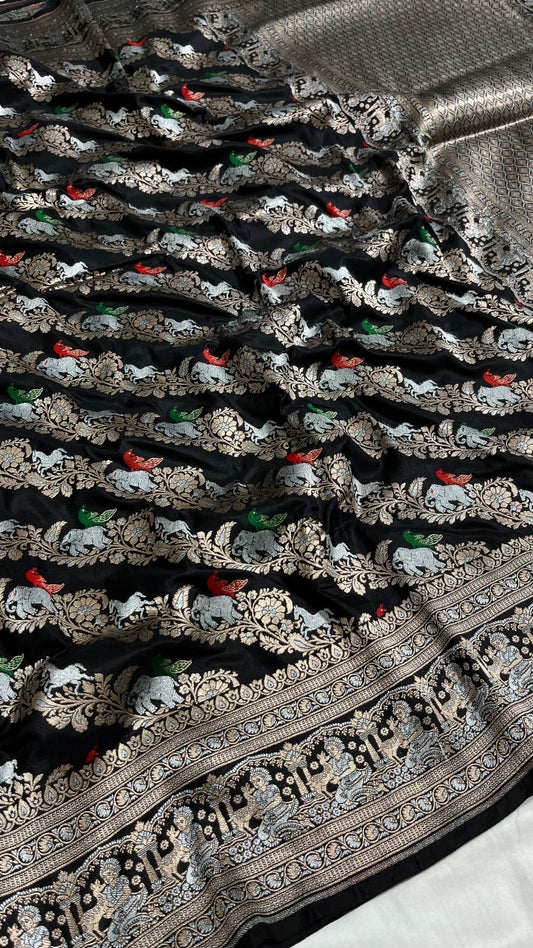 Black Shikargah Banarasi Pure Silk Saree