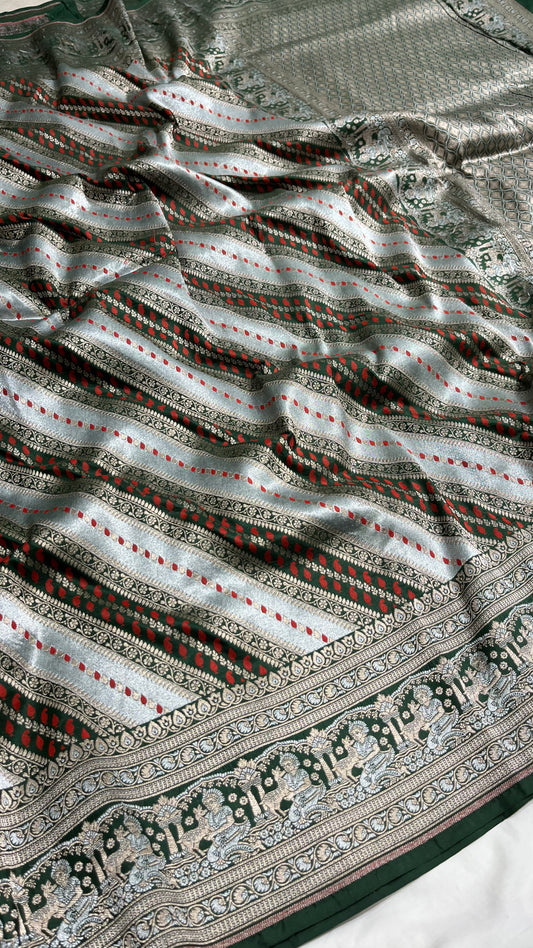 Bottle Green Shikargah Banarasi Pure Silk Saree