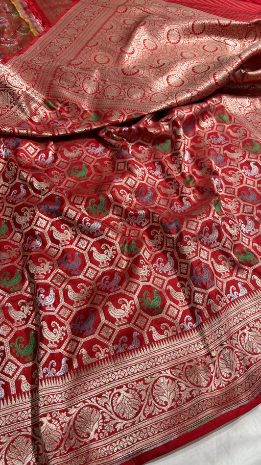 Red Shikargah Banarasi Pure Silk Saree