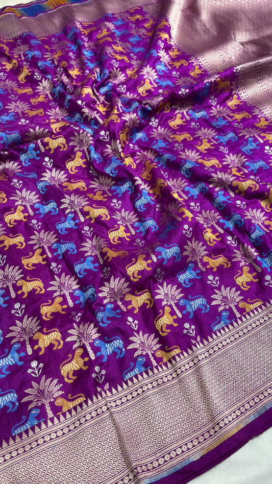 Purple Shikargah Banarasi Pure Silk Saree