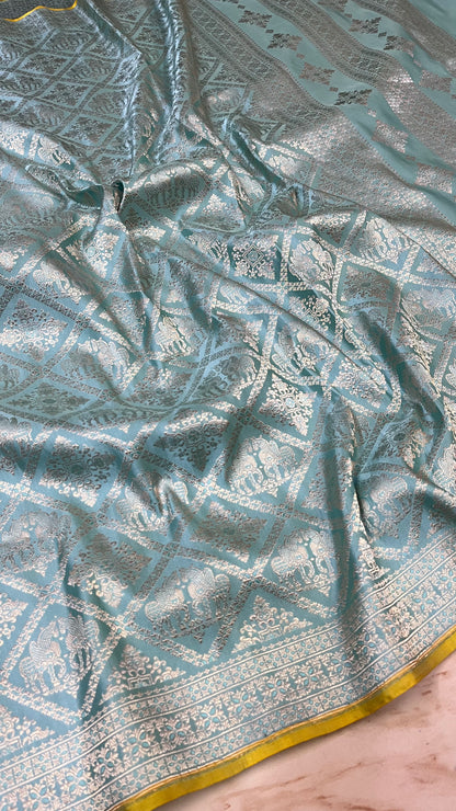 Blue handwoven Shikargah Pure mashru Silk Saree