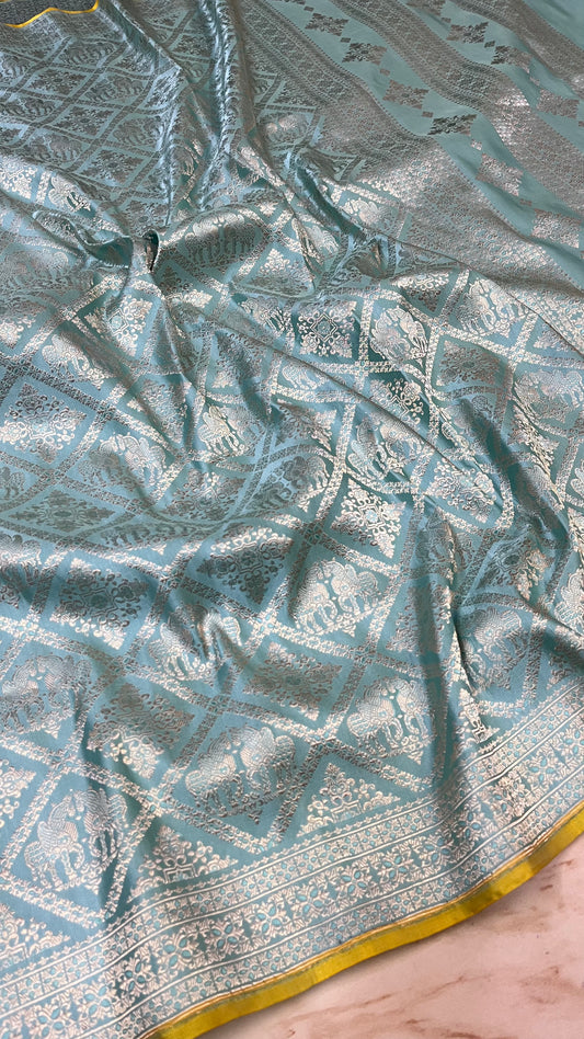 Blue handwoven Shikargah Pure mashru Silk Saree