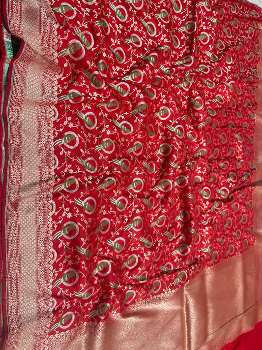Red Shikargah Banarasi Pure Silk Saree