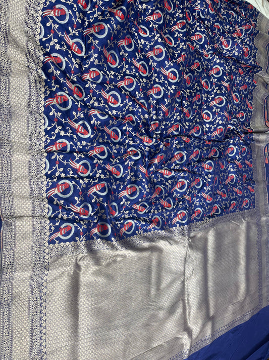 Nevy Blue Shikargah Banarasi Pure Silk Saree