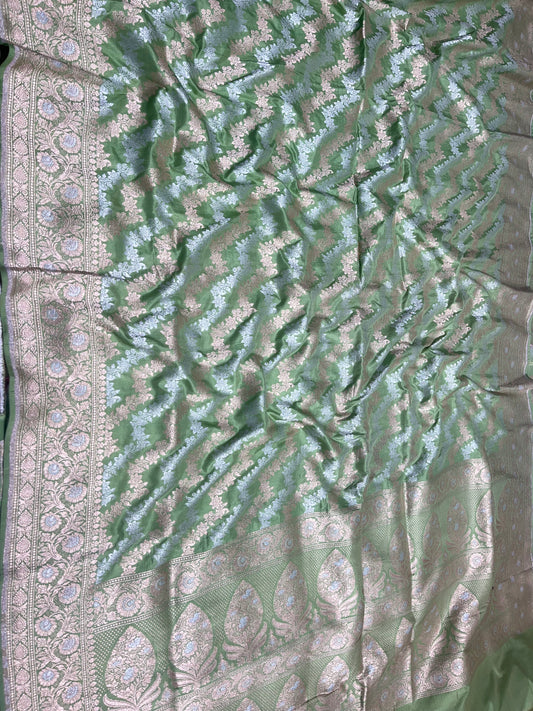 Pista Green Shikargah Banarasi Pure Silk Saree