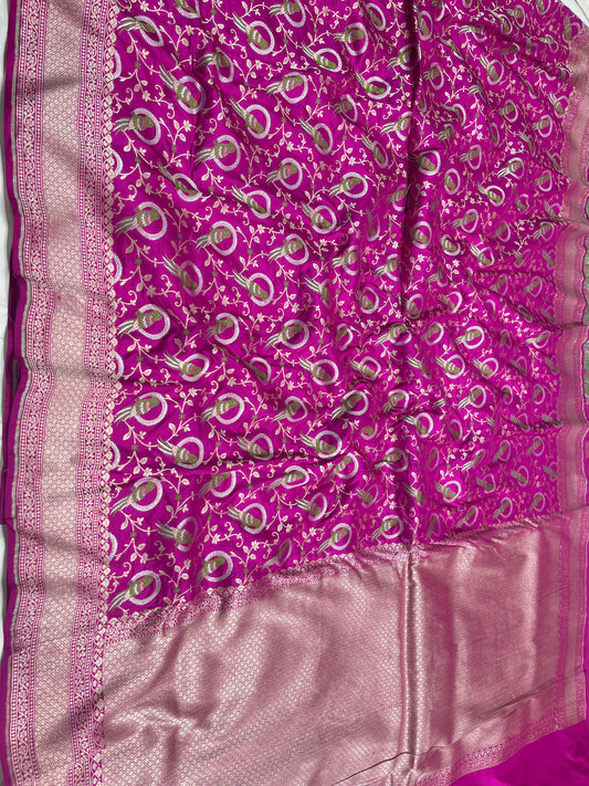 Magenta Pink Shikargah Banarasi Pure Silk Saree