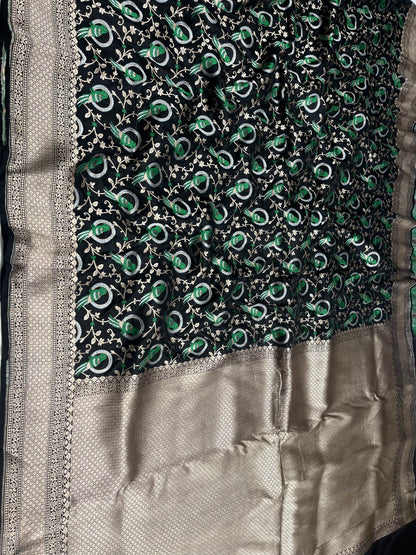 Black Shikargah Banarasi Pure Silk Saree