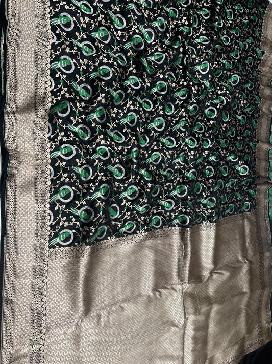 Black Shikargah Banarasi Pure Silk Saree