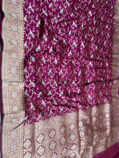 Magenta Shikargah Banarasi Pure Silk Saree