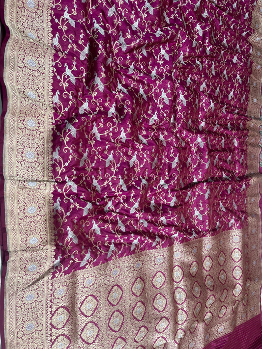 Magenta Shikargah Banarasi Pure Silk Saree