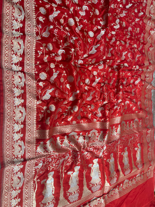 Red Shikargah Banarasi Pure Silk Saree