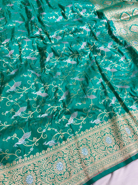 Sea Green Shikargah Banarasi Pure Silk Saree