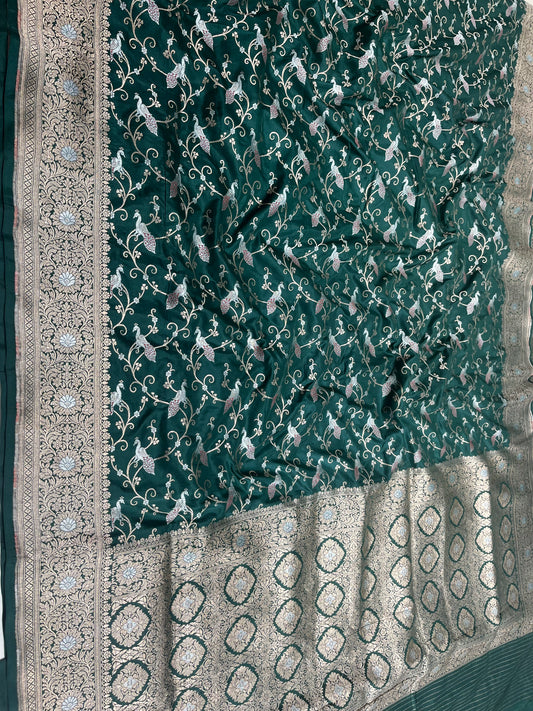 Dark Green Shikargah Banarasi Pure Silk Saree