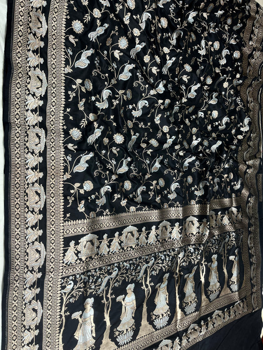 Black Shikargah Banarasi Pure Silk Saree