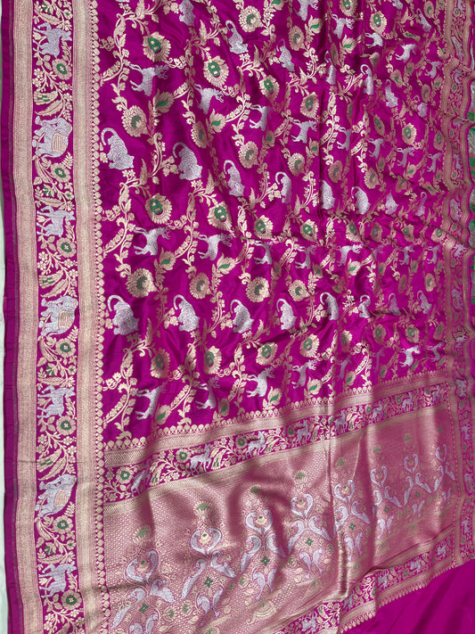 Rani Pink Shikargah Banarasi Pure Silk Saree